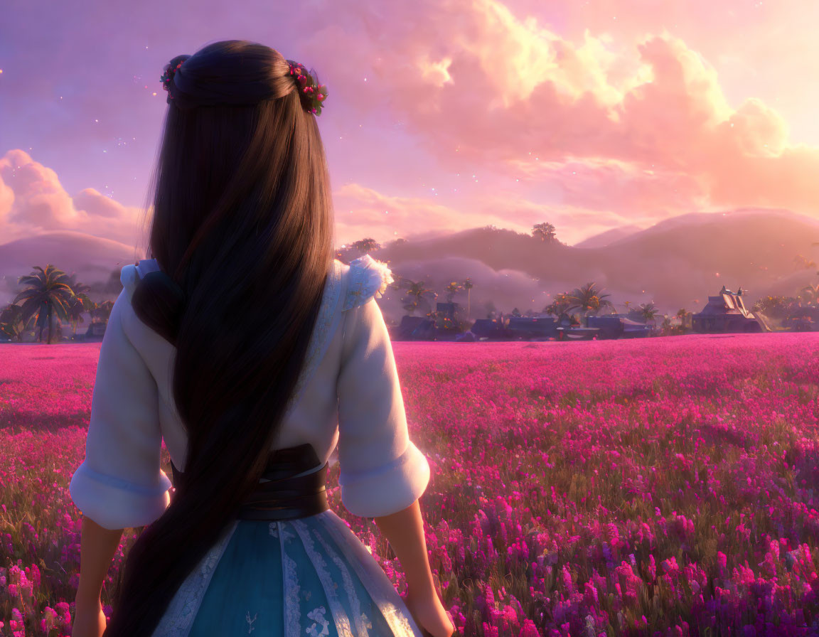 Girl with braid admiring pink flowers in front of mountains at sunset