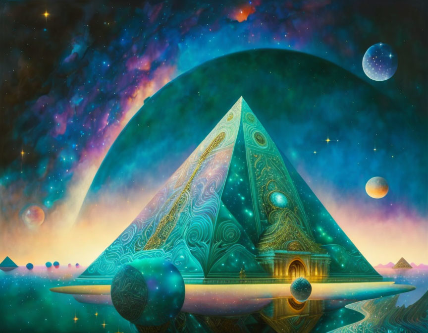 Vibrant ornate pyramid in cosmic digital art piece