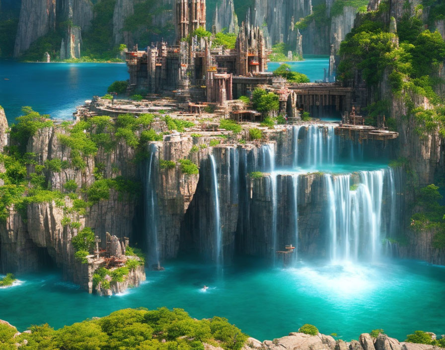 Majestic waterfall and ancient ruins in lush landscape