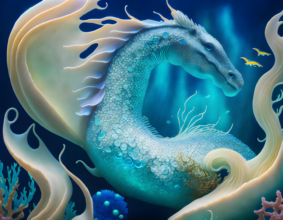 Majestic sea dragon with flowing fins and blue scales in vibrant underwater scene