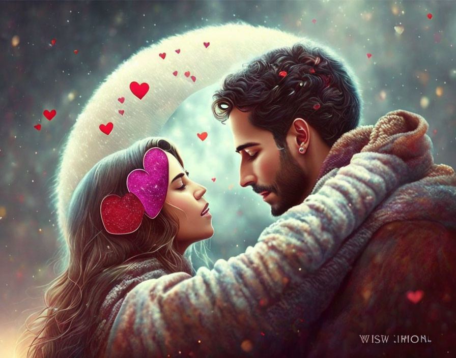 Romantic illustration of man and woman in close embrace with floating hearts