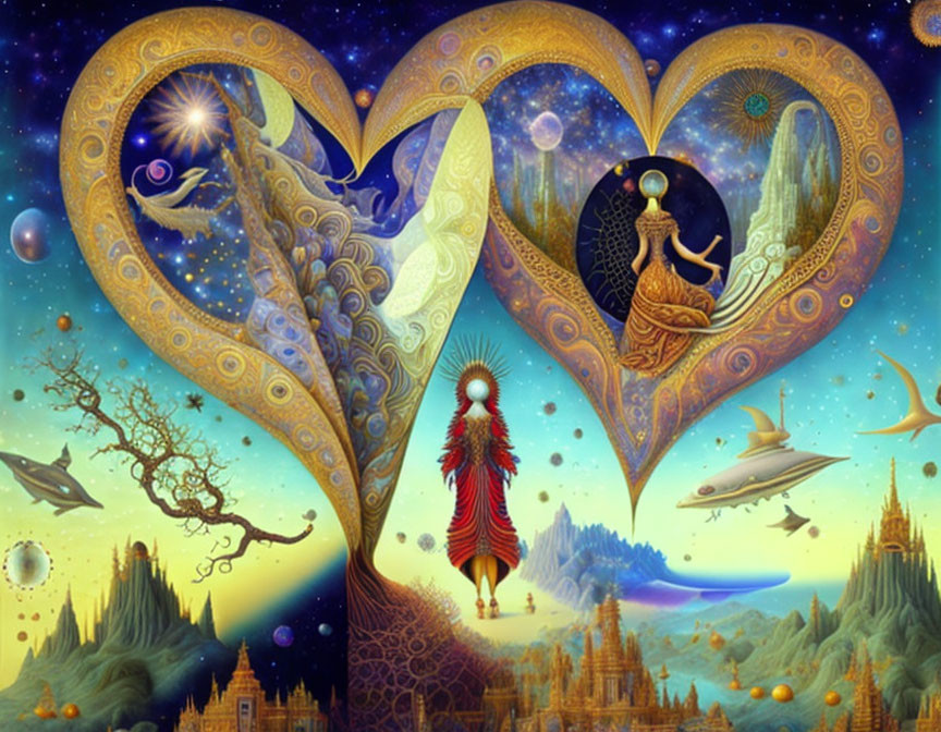 Colorful surreal artwork: heart-shaped celestial bodies, red figure, fantastical landscapes, peacock feathers
