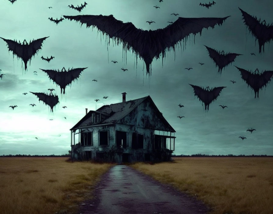 Abandoned two-story house in desolate field with dark bat-like creatures
