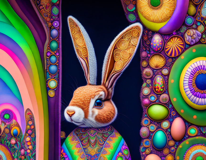 Detailed rabbit illustration with vibrant rainbow background & intricate patterns