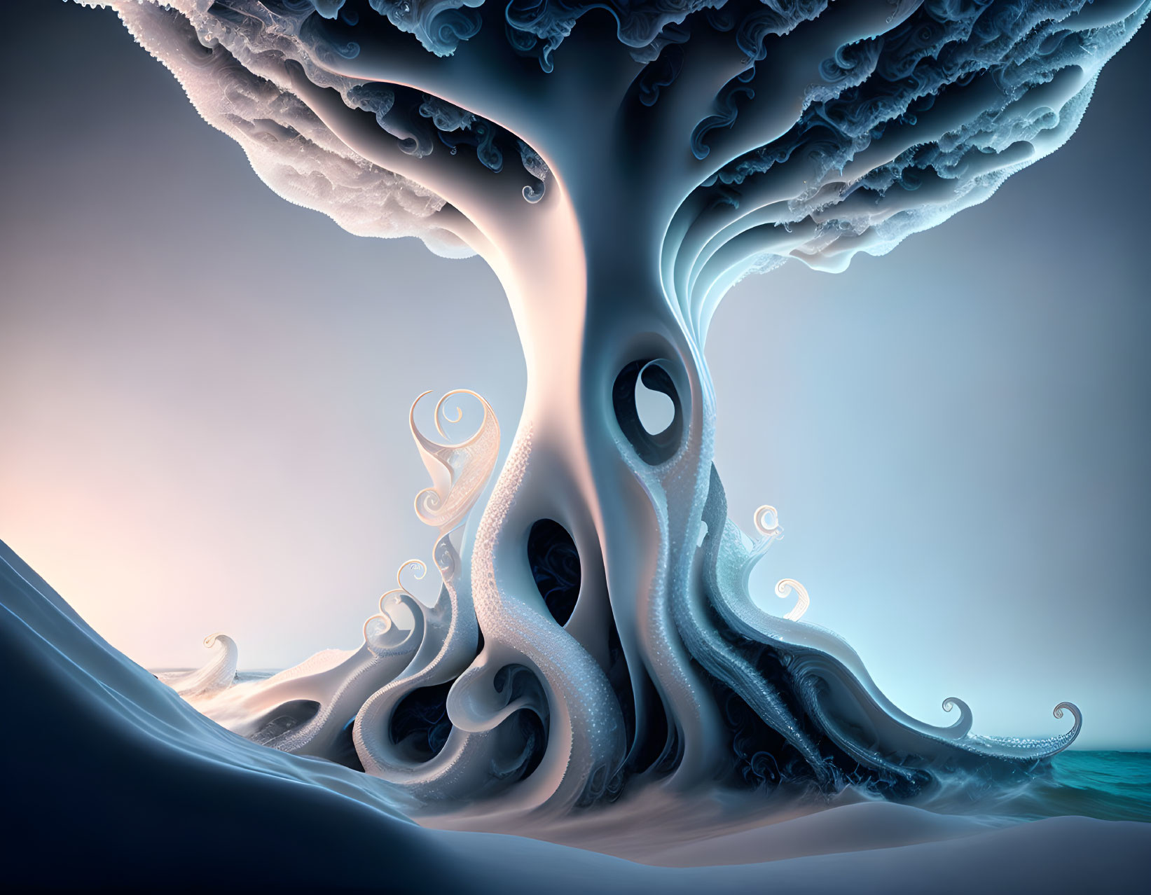 Intricate surreal tree on blue and orange gradient background