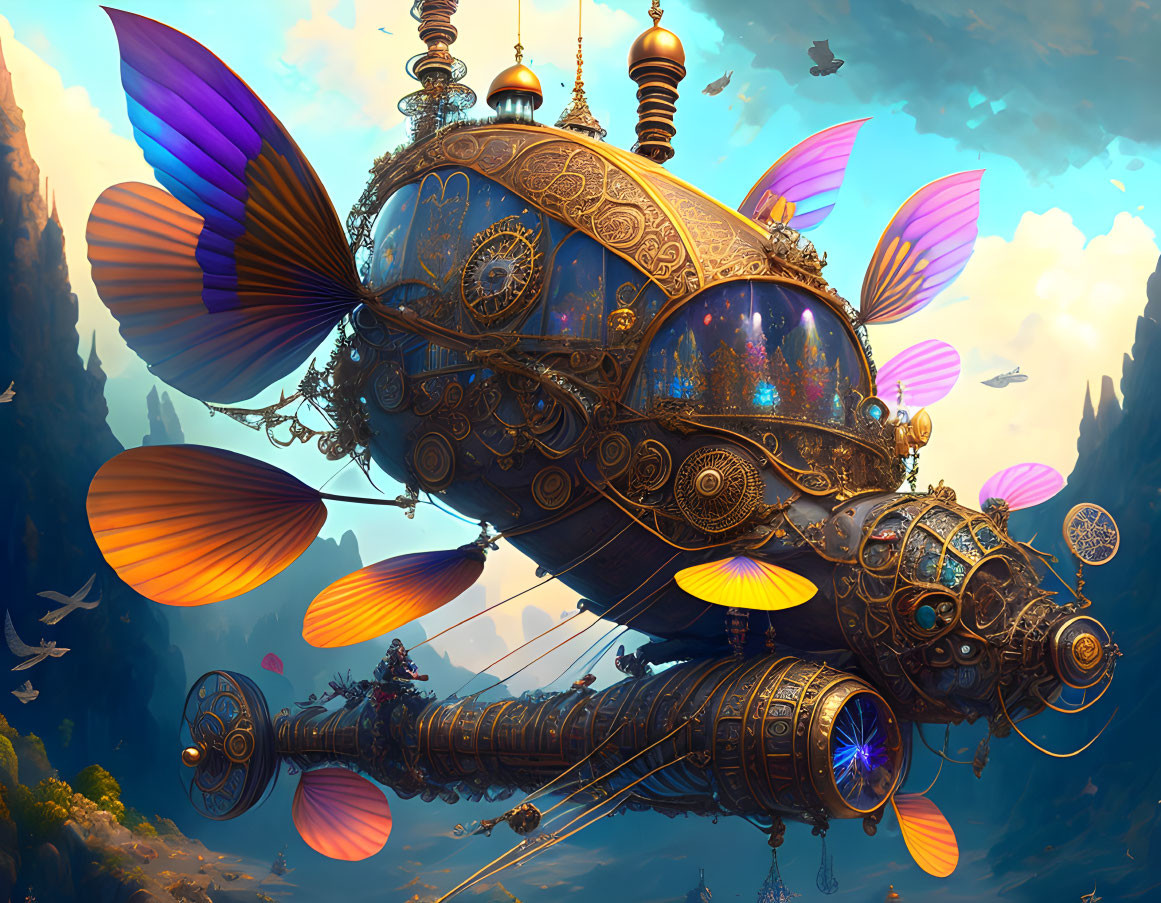 Steampunk airship with butterfly wings over mystical landscape