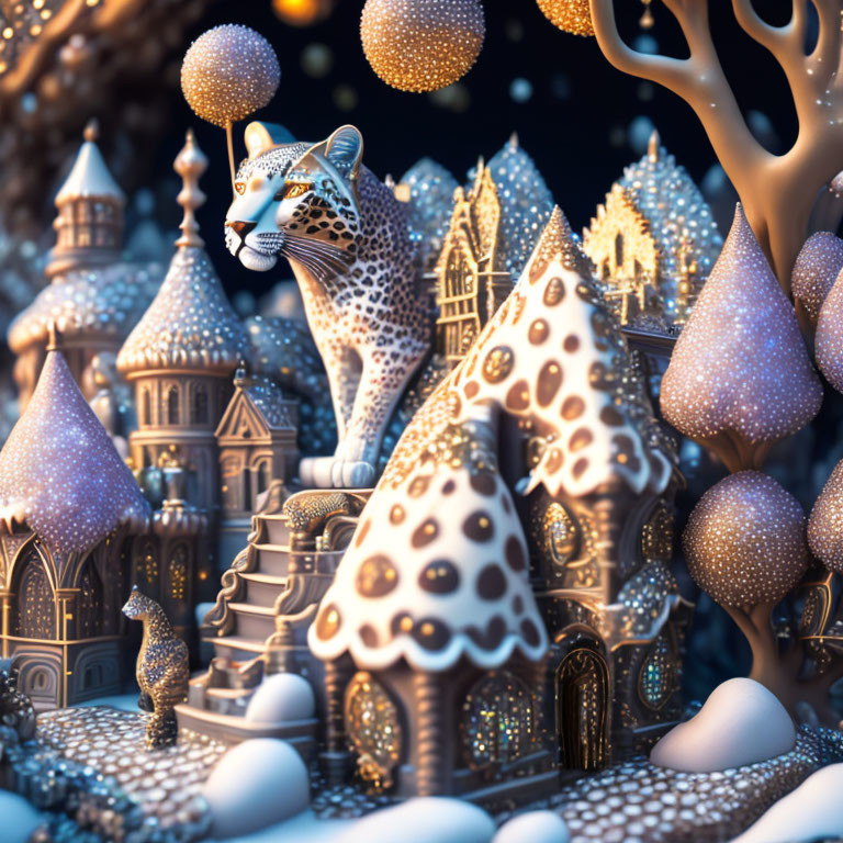 Leopard on snow-covered castle with magical tree and orbs