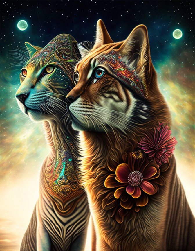 Detailed Illustration of Two Cats with Cosmic Background