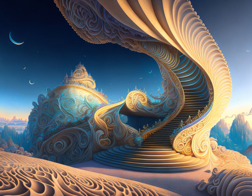 Fantastical landscape with swirling staircases and crescent moons