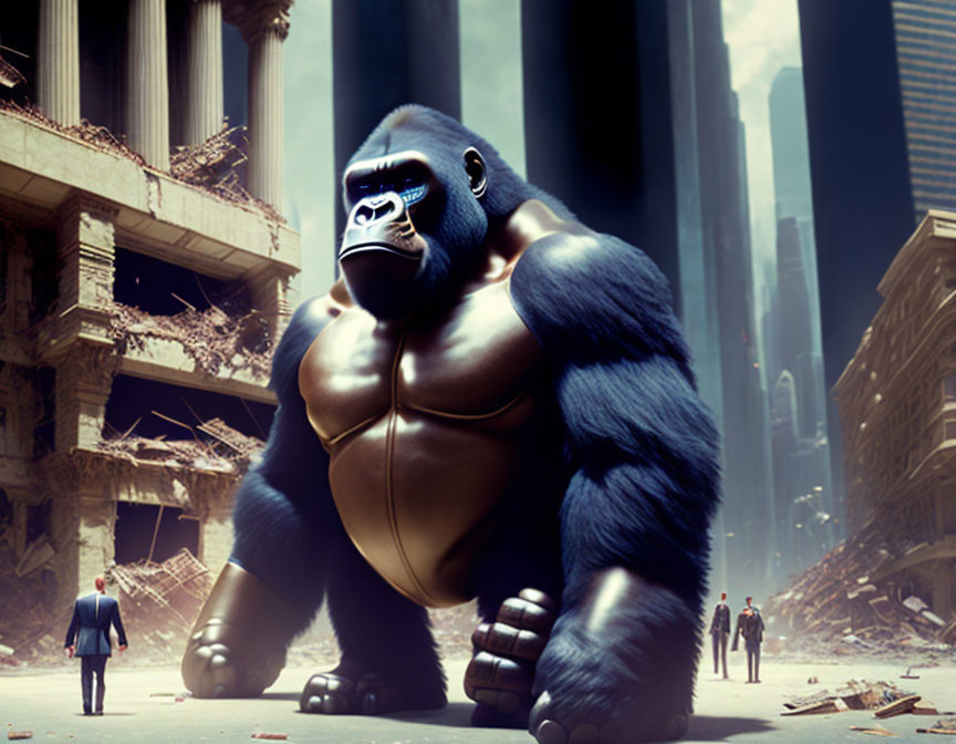 Enormous gorilla in city street with tiny humans, creating tense confrontation