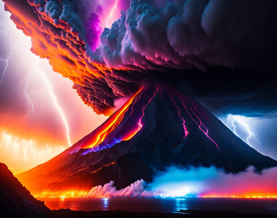 Colorful volcanic eruption with lightning bolts, glowing lava, ash cloud, dramatic sky