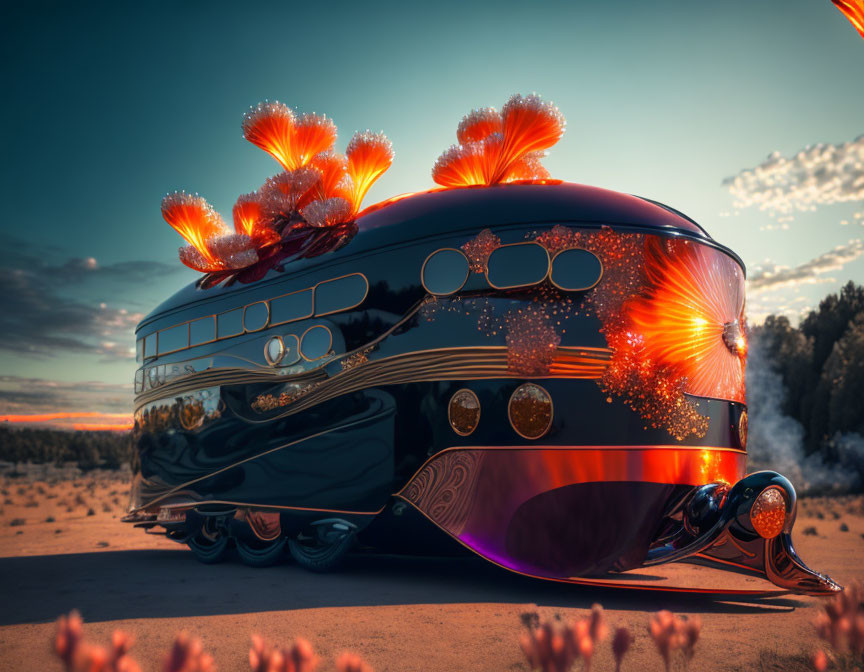 Futuristic bus with glowing flower-like structures in desert sunset