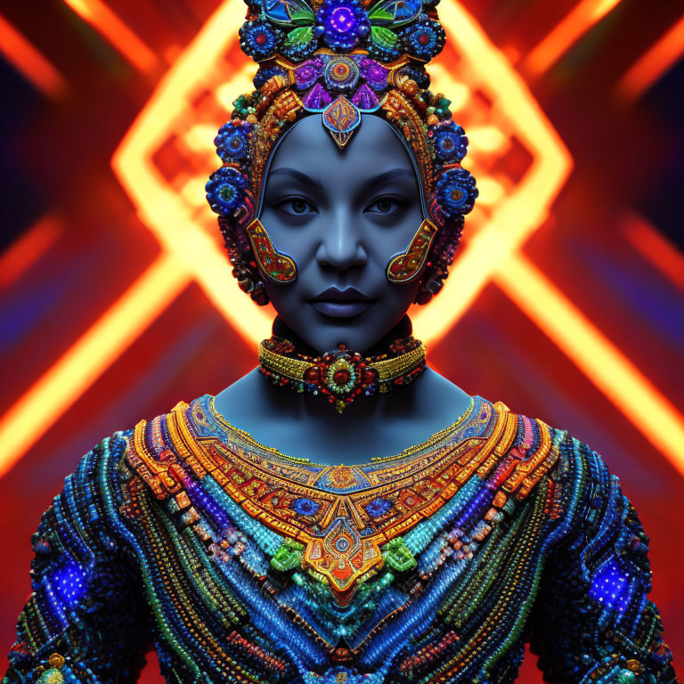 Colorful Beadwork Portrait Against Neon Background