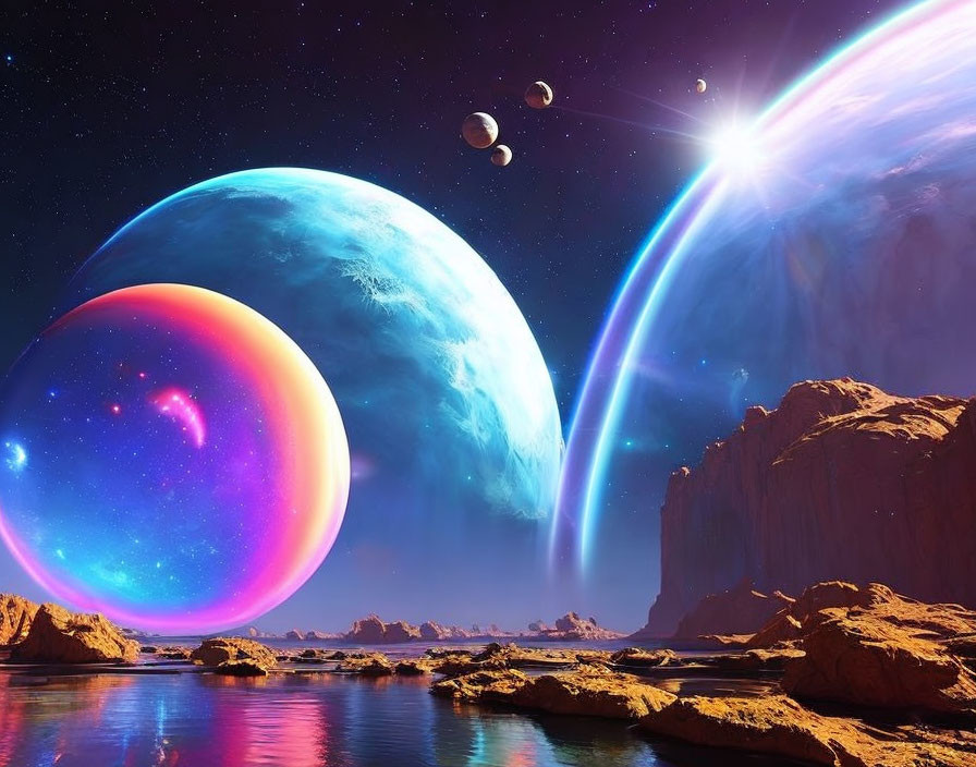 Colossal planets in vibrant sci-fi landscape