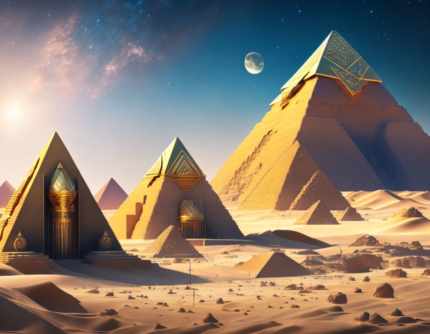 Ancient Egyptian-themed pyramids and futuristic structures under a starry sky in a desert landscape