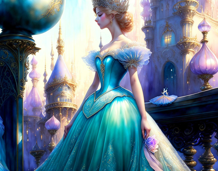 Woman in Blue Gown and Tiara at Enchanting Castle at Twilight