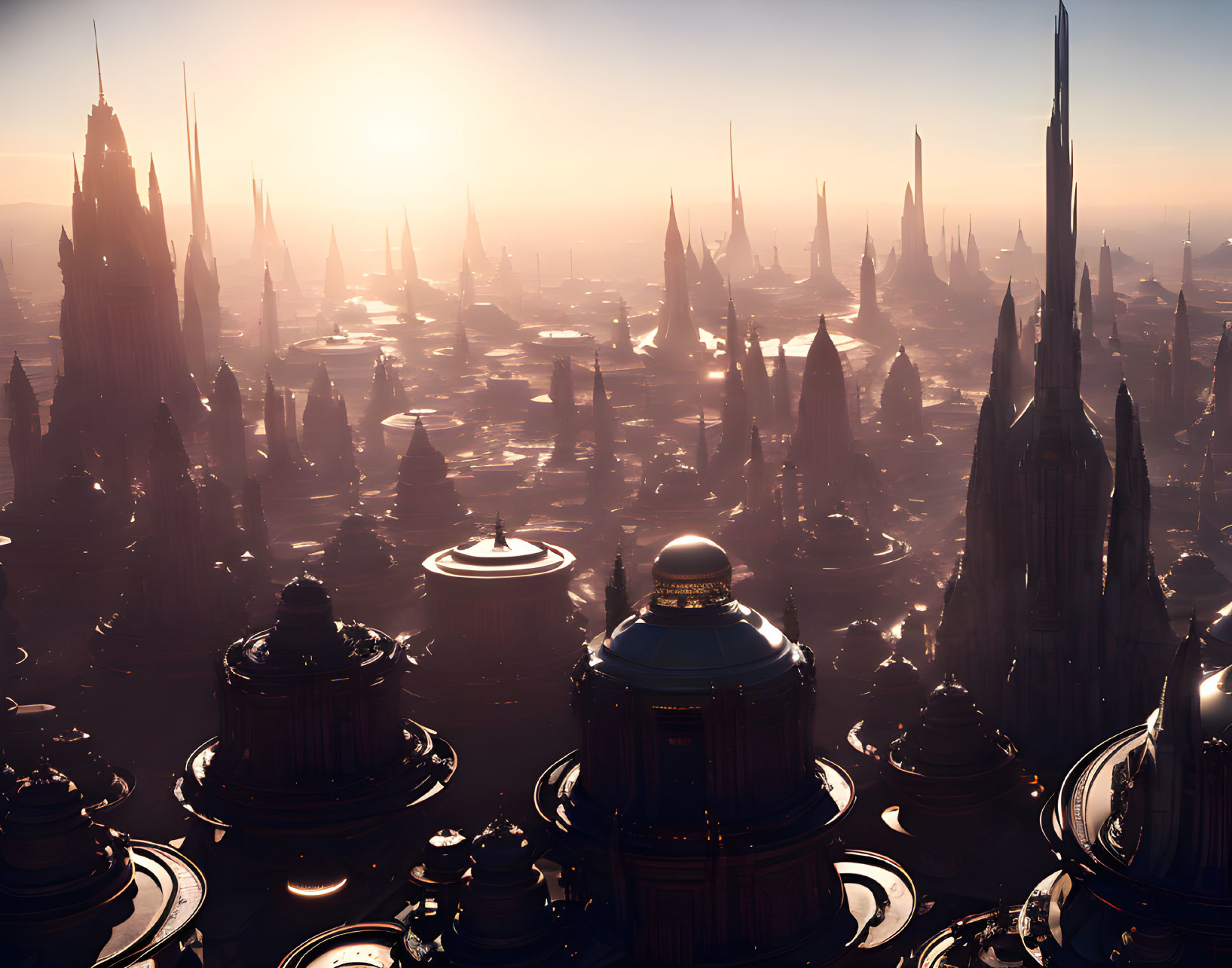 Futuristic cityscape with towering spires at sunrise or sunset