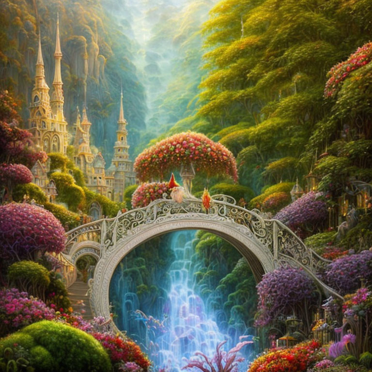 Ornate bridge over waterfall in lush fairytale landscape