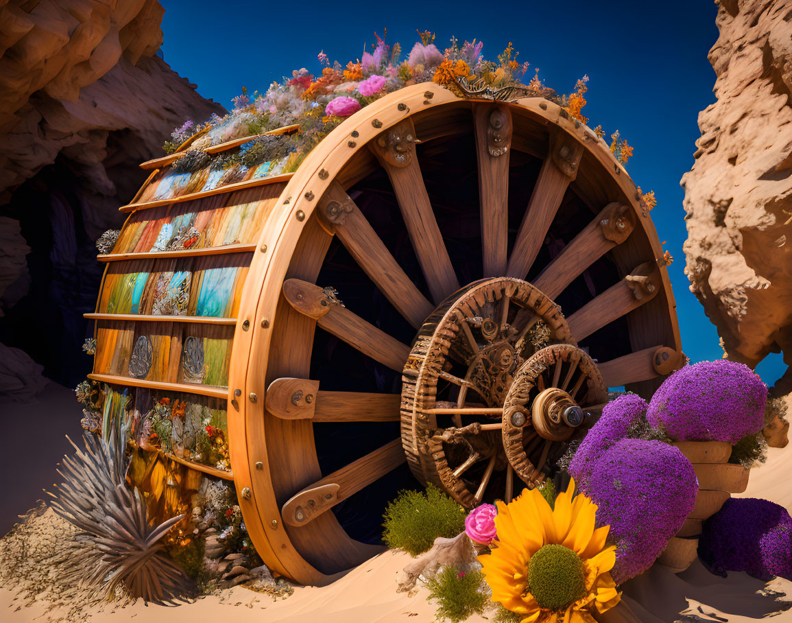 Colorful Flower-Adorned Wooden Wheel in Desert Landscape