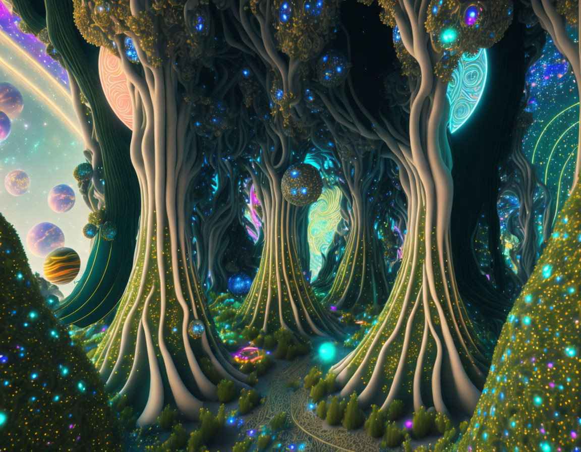 Luminous Fantasy Forest with Glowing Orbs and Celestial Backdrop