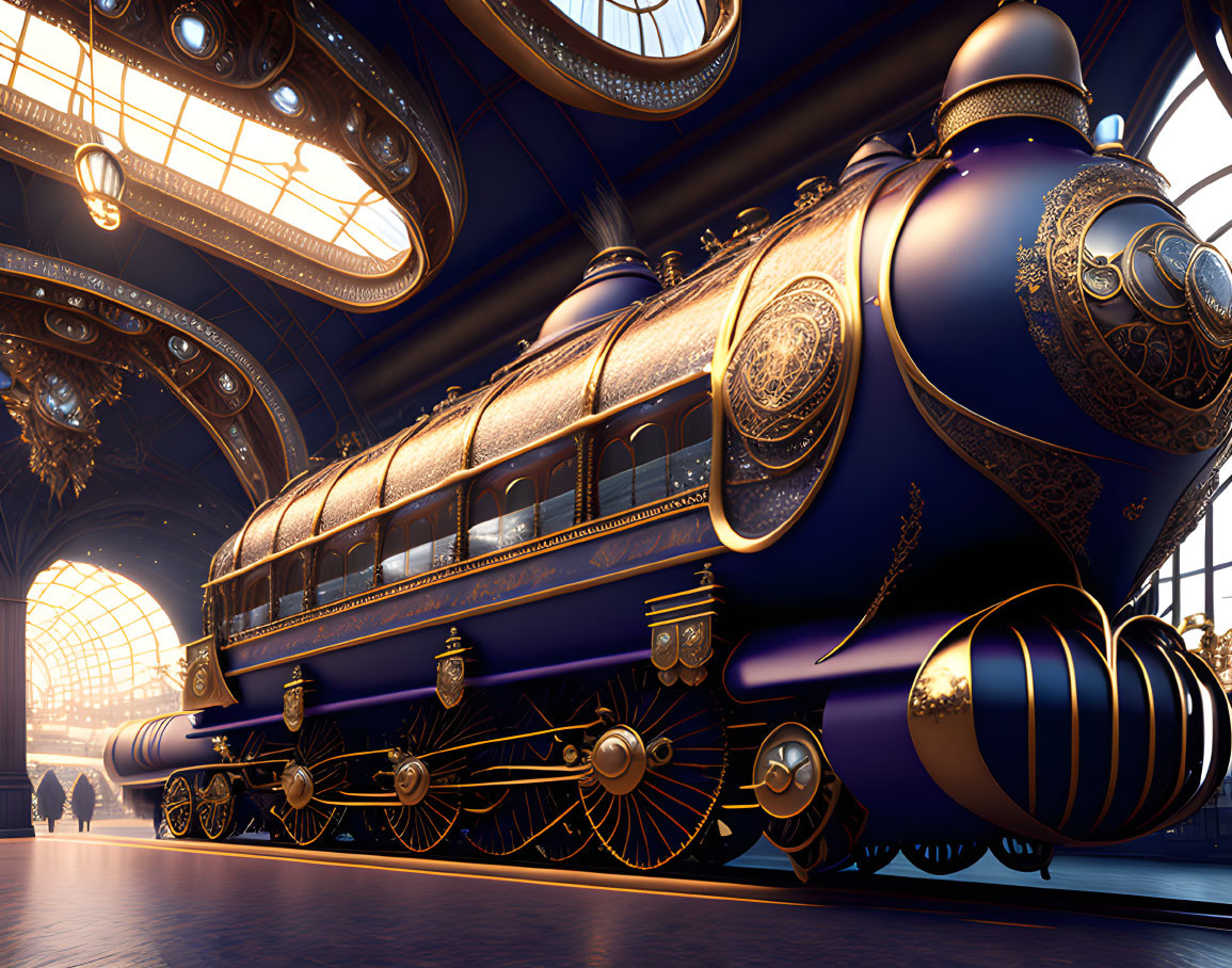 Luxurious Blue and Gold Steam Train in Vintage Station