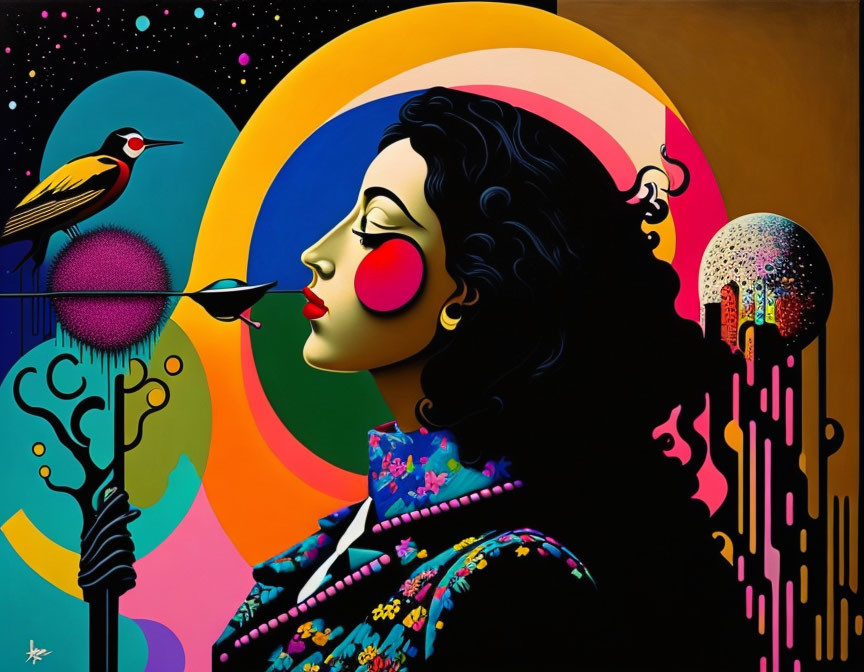 Colorful Surrealist Painting: Woman's Profile with Bird and Circular Designs