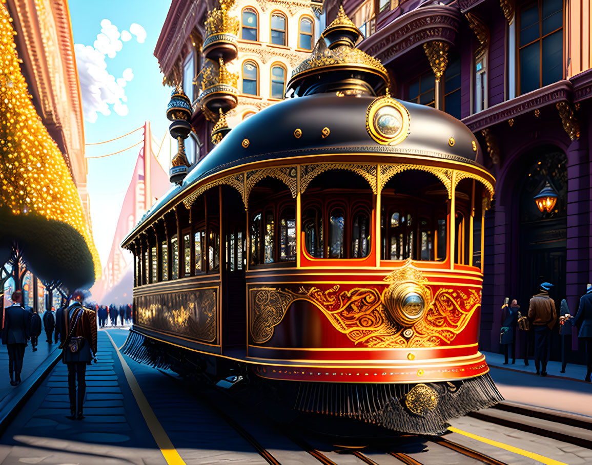 Vintage Trolley on City Streets with Pedestrians and Golden Gate Bridge in Background