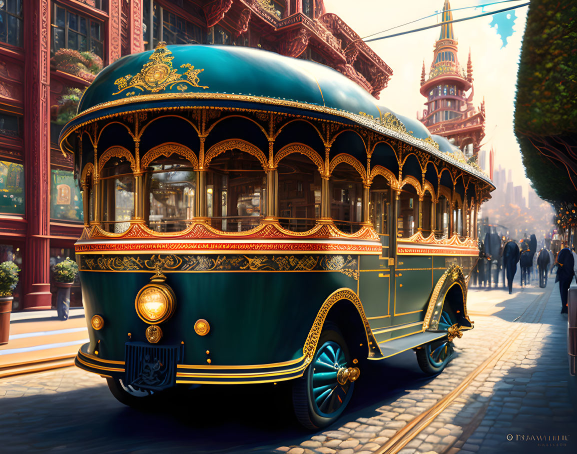 Vintage-style ornate streetcar in a bustling city street with intricate architecture