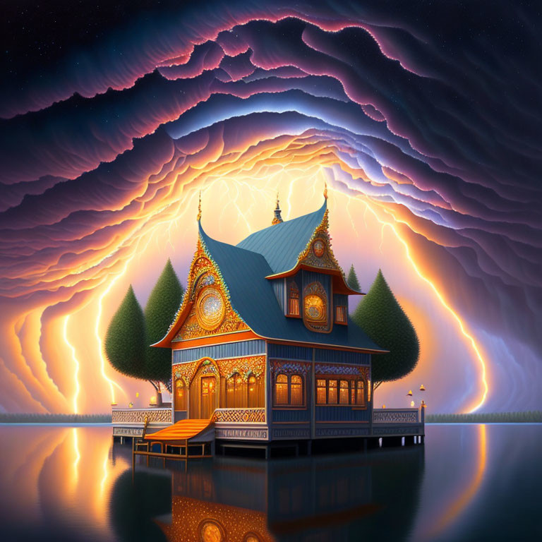 Wooden House on Stilts Over Water with Swirling Sky and Lightning