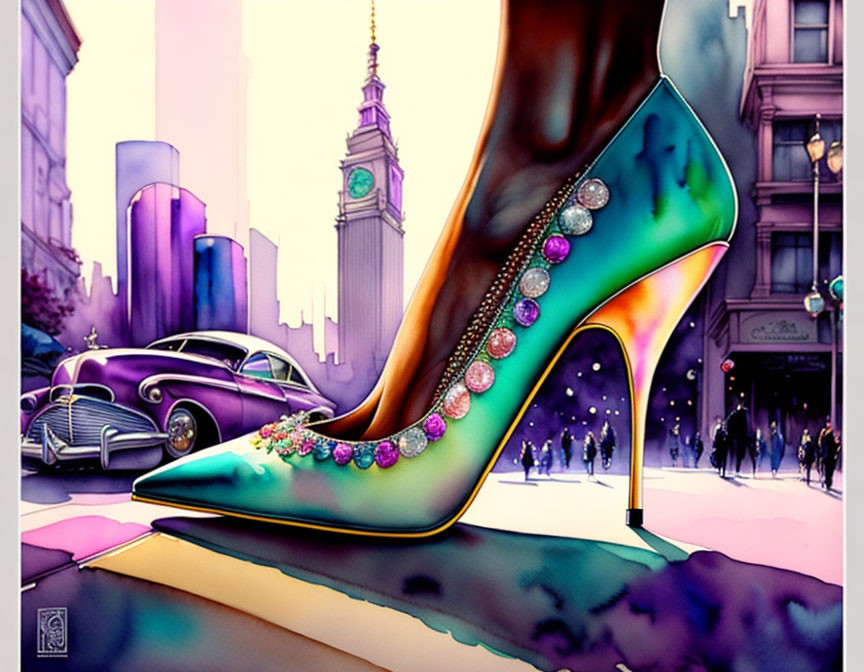 Colorful high-heeled shoe illustration dominates cityscape with classic car and clock tower.