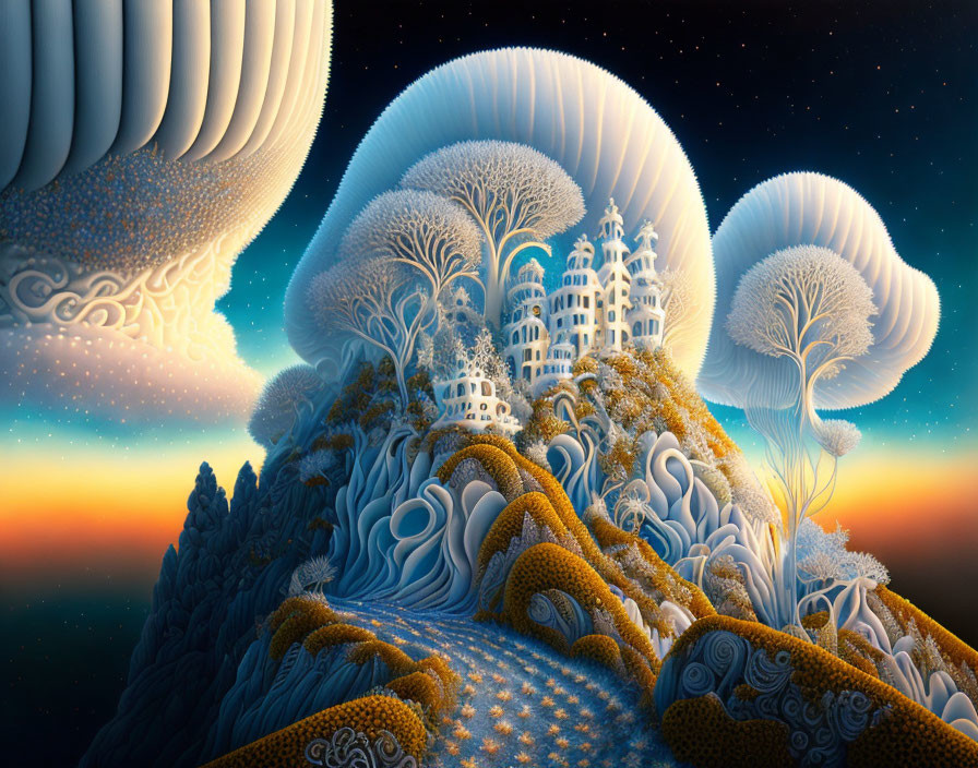 Surreal landscape with stylized trees, buildings, and celestial bodies against a starry sky