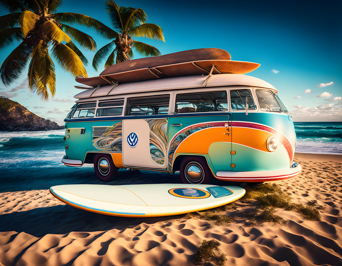 Vintage Volkswagen Van with Surfboards on Sandy Beach at Sunset