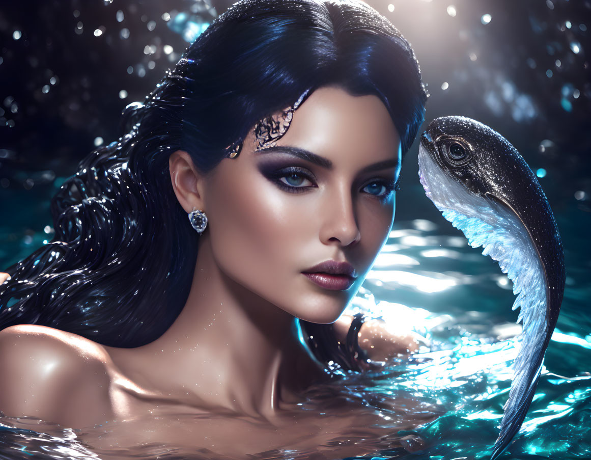 Digital Artwork: Woman with Dark Hair and Blue Eyes Submerged in Water with Fish