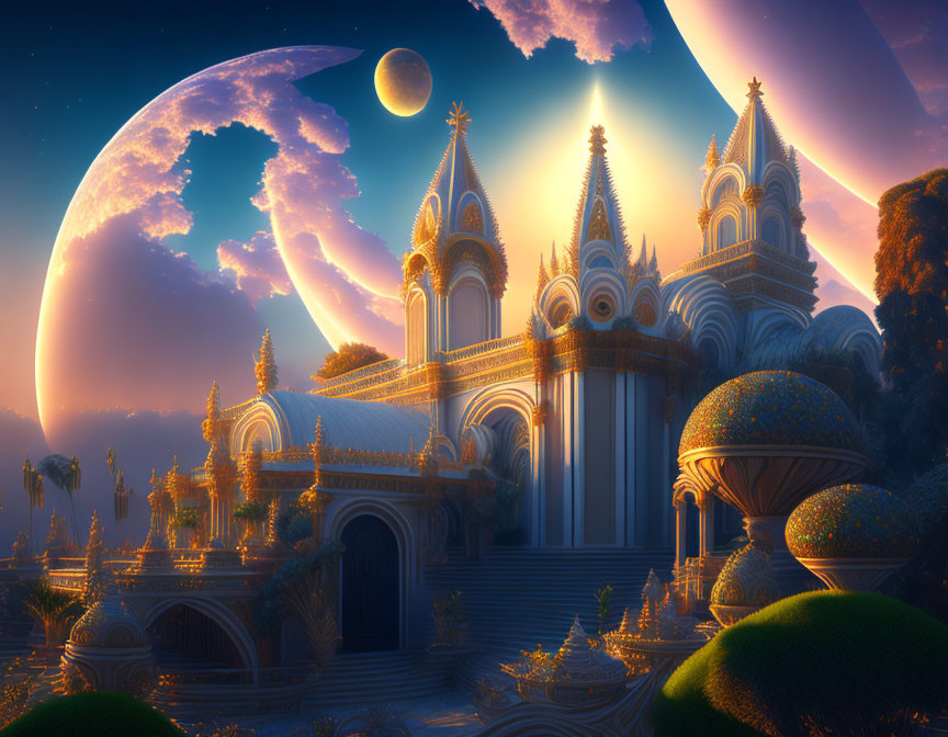 Ornate spired palace under large moon in alien landscape