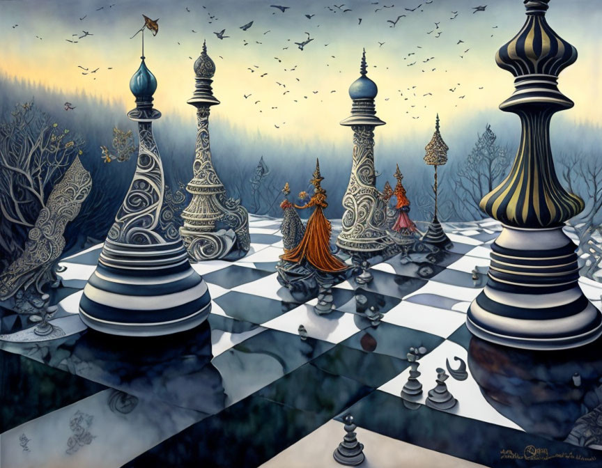 Surreal oversized chess pieces with human traits on checkerboard twilight scene