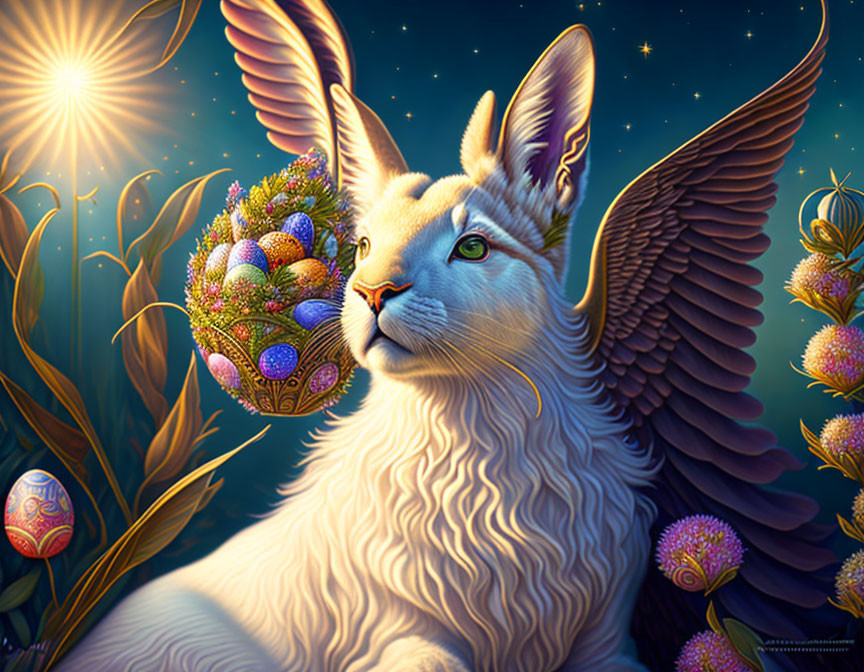 Fantastical winged rabbit with flowers in starry sky