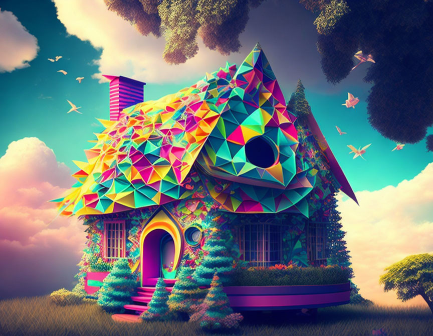 Colorful Geometric-Patterned House with Floating Islands and Birds