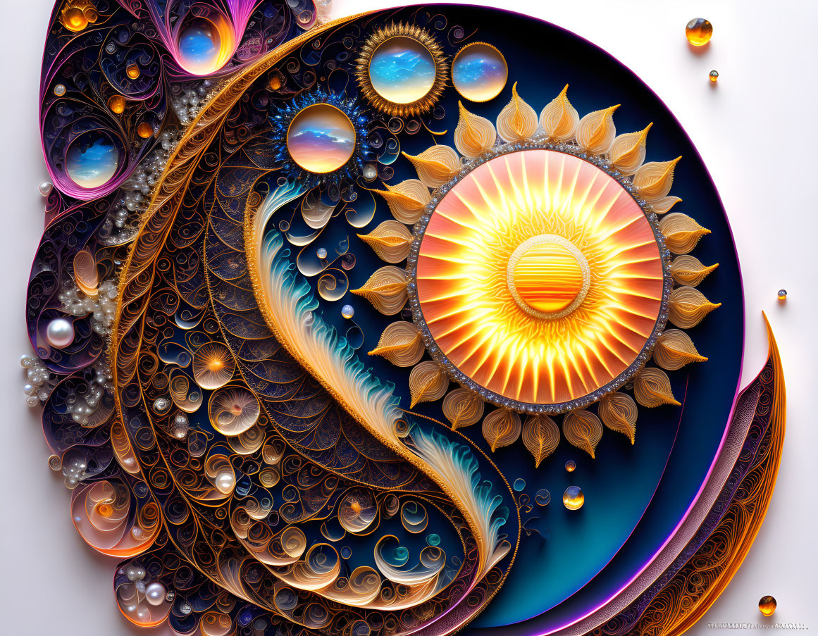 Stylized sun and moon digital artwork with metallic textures