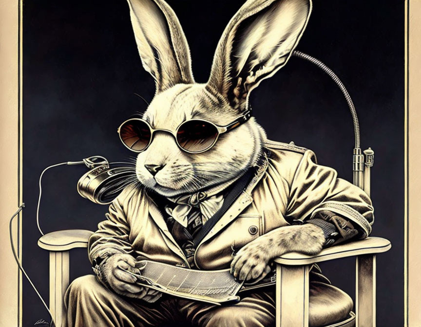 Anthropomorphic rabbit in suit with sunglasses and microphone.
