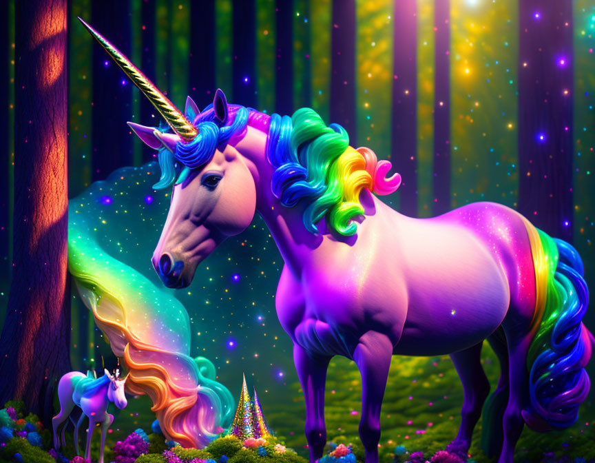 Colorful mythical unicorn in magical forest with sparkling lights