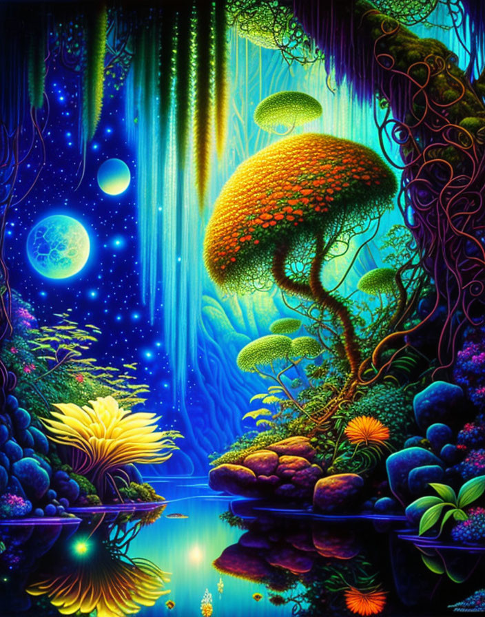Colorful fantasy landscape with glowing plants, waterfall, and celestial backdrop