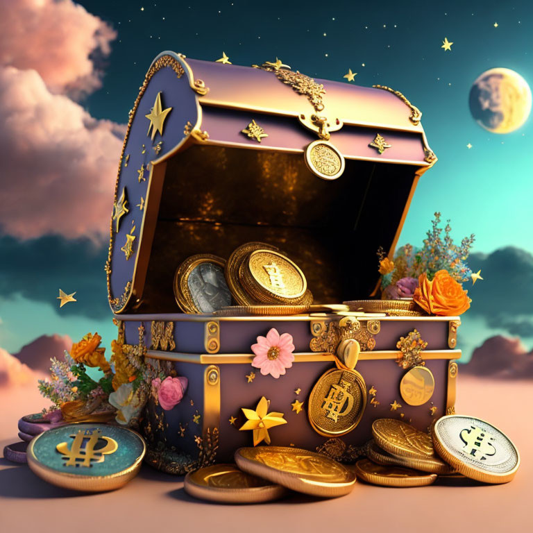 Treasure chest with golden coins and cryptocurrency symbols under twilight sky