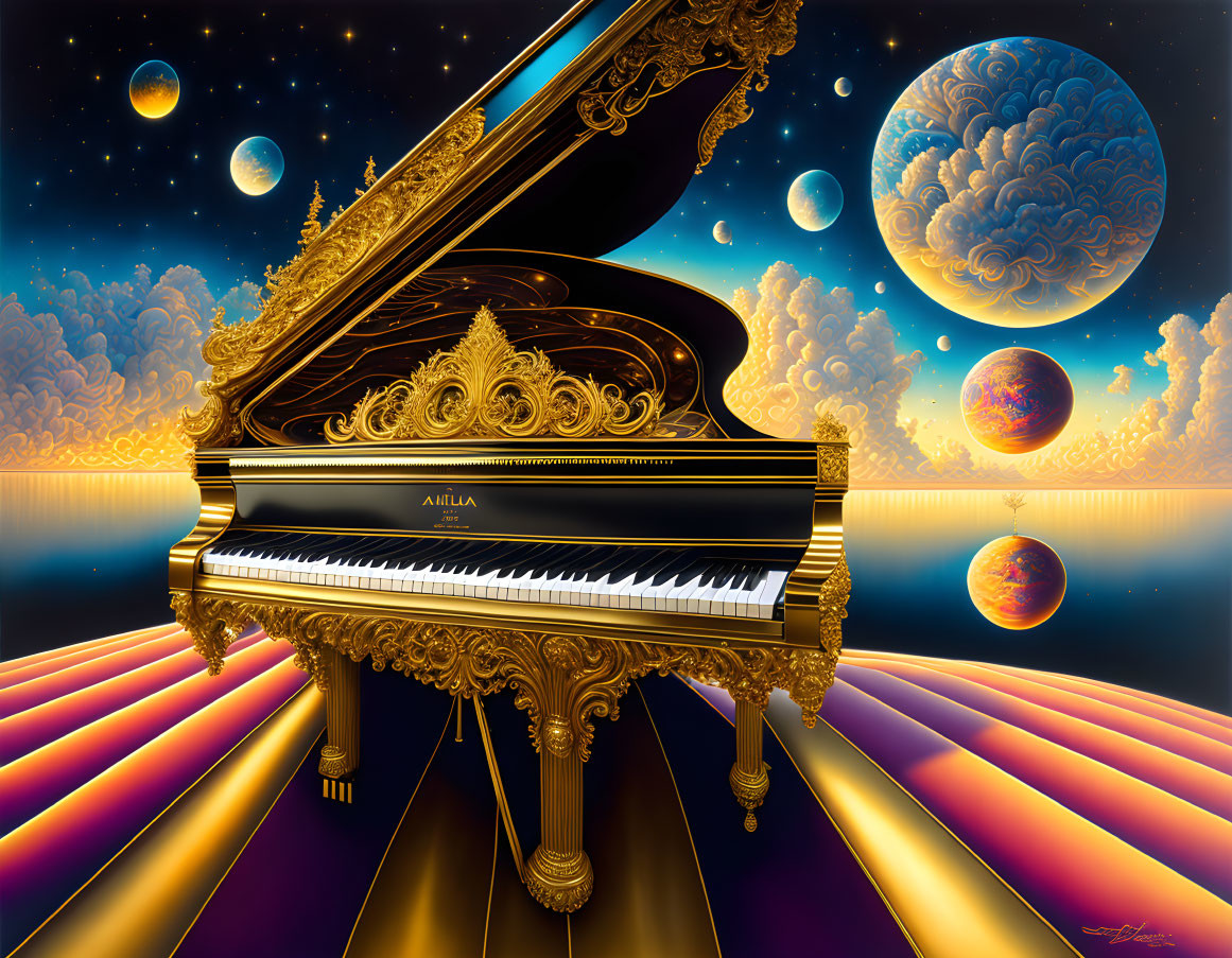 Ornate grand piano with gold details in surreal cosmic landscape