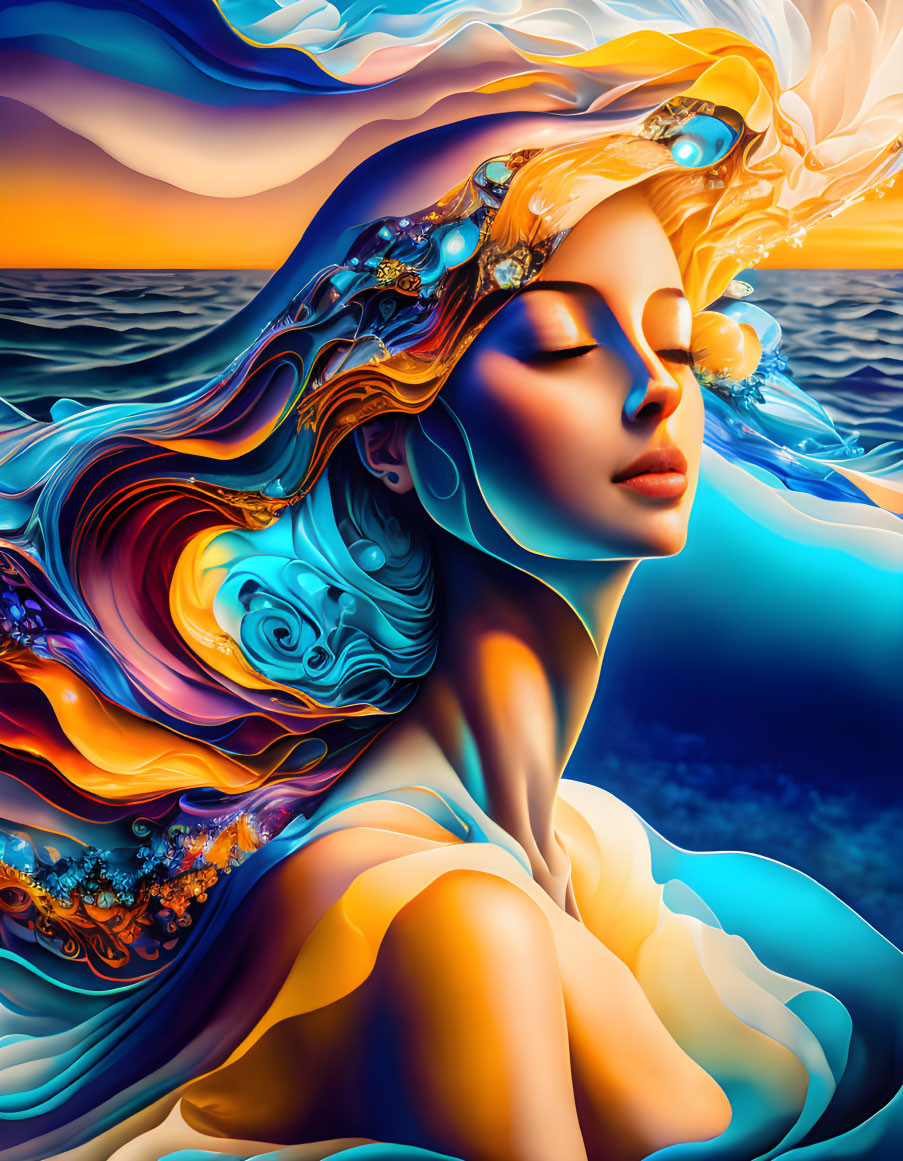 Colorful surreal portrait of woman with flowing hair and ocean imagery on sunset backdrop