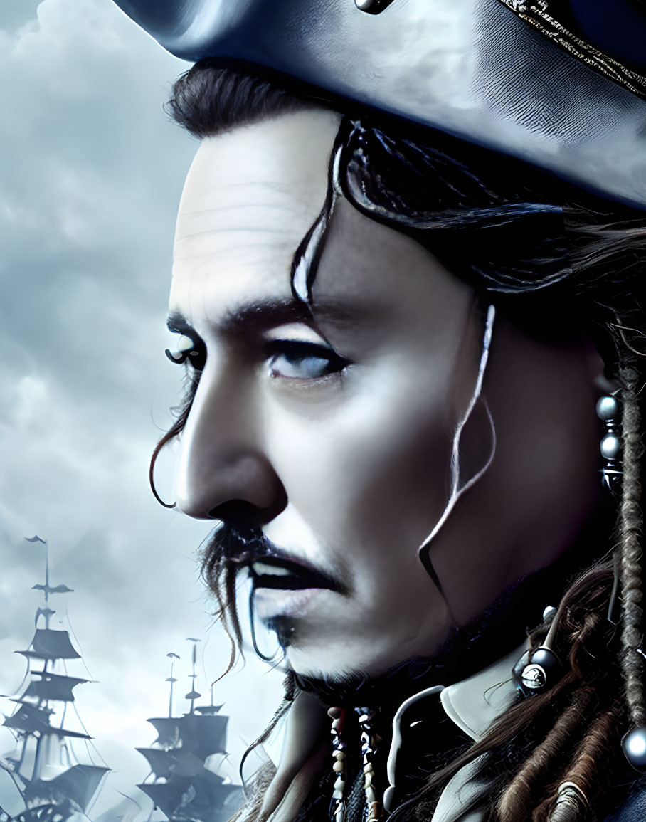 Fictional pirate with tricorn hat, ship, and cloudy sky