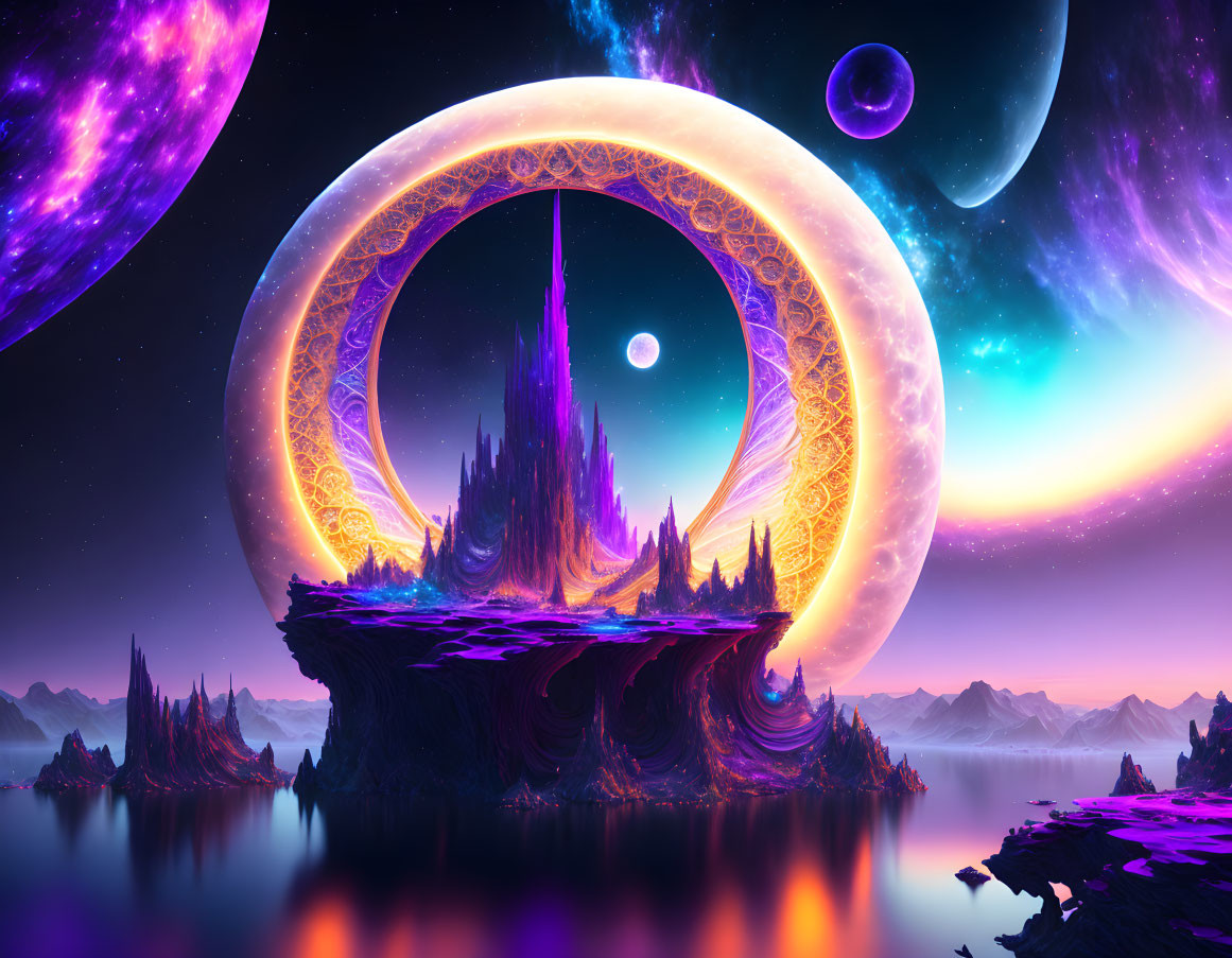 Fantastical landscape with floating islands and neon skies