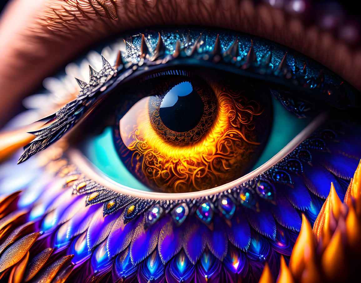 Detailed close-up of vibrant eye with colorful patterns and textures.