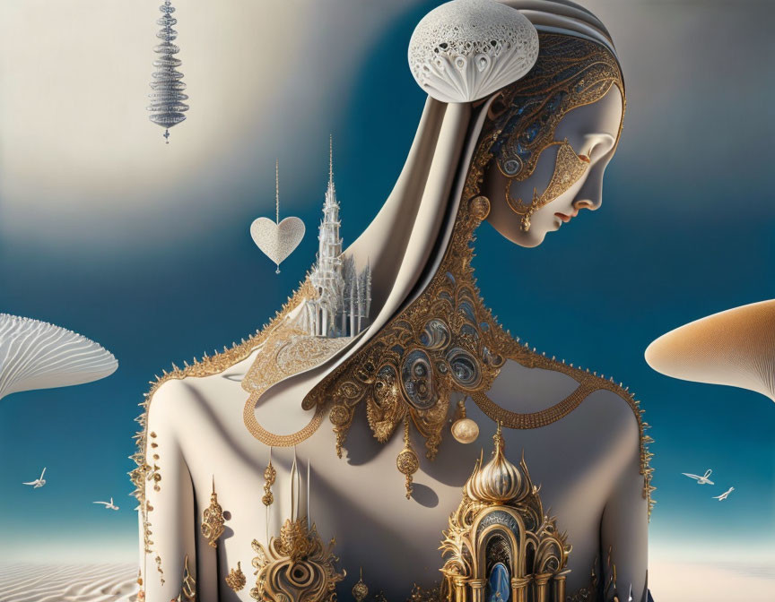 Surreal artwork of female figure with ornate headgear in fantastical landscape