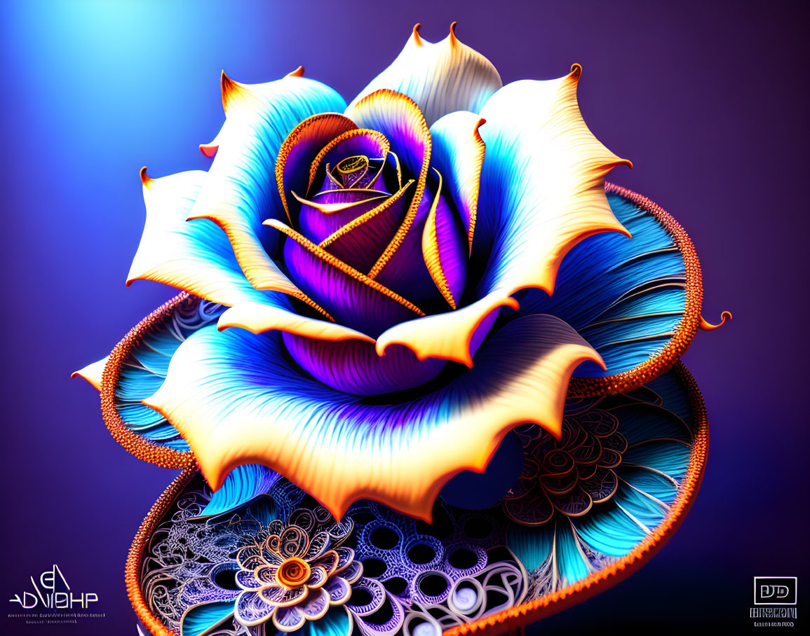 Colorful Digital Artwork: Multi-Layered Rose in Blue, Purple, and Orange Hues