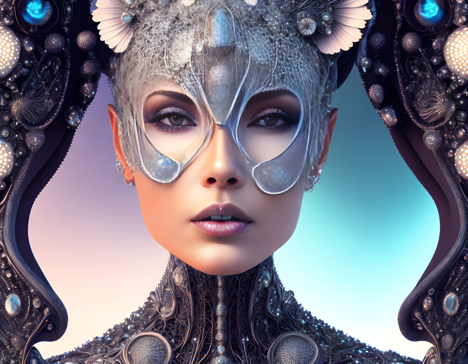 Futuristic woman with silver headgear and butterfly motifs on soft blue background